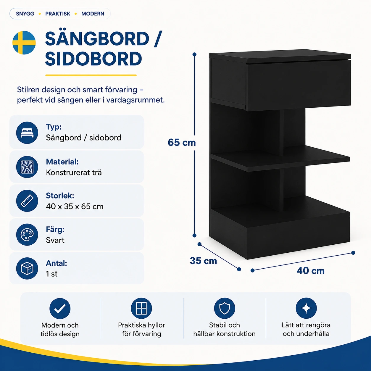 Sängbord med förvaring för sovrum och vardagsrum