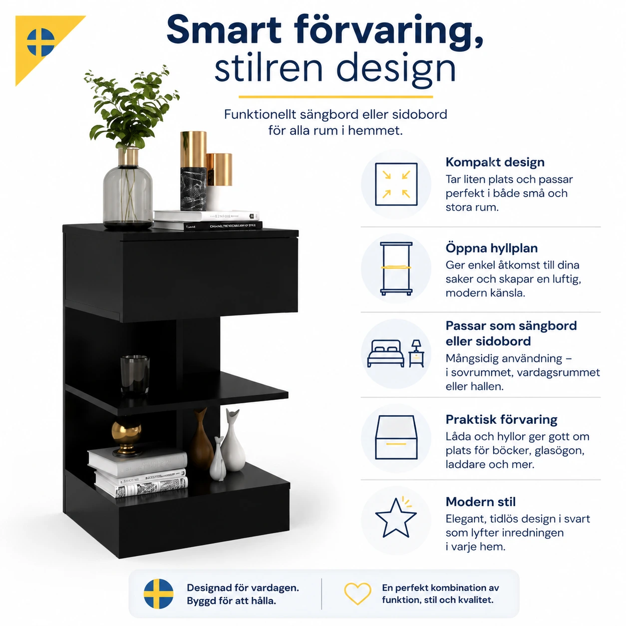 Sängbord med förvaring för sovrum och vardagsrum