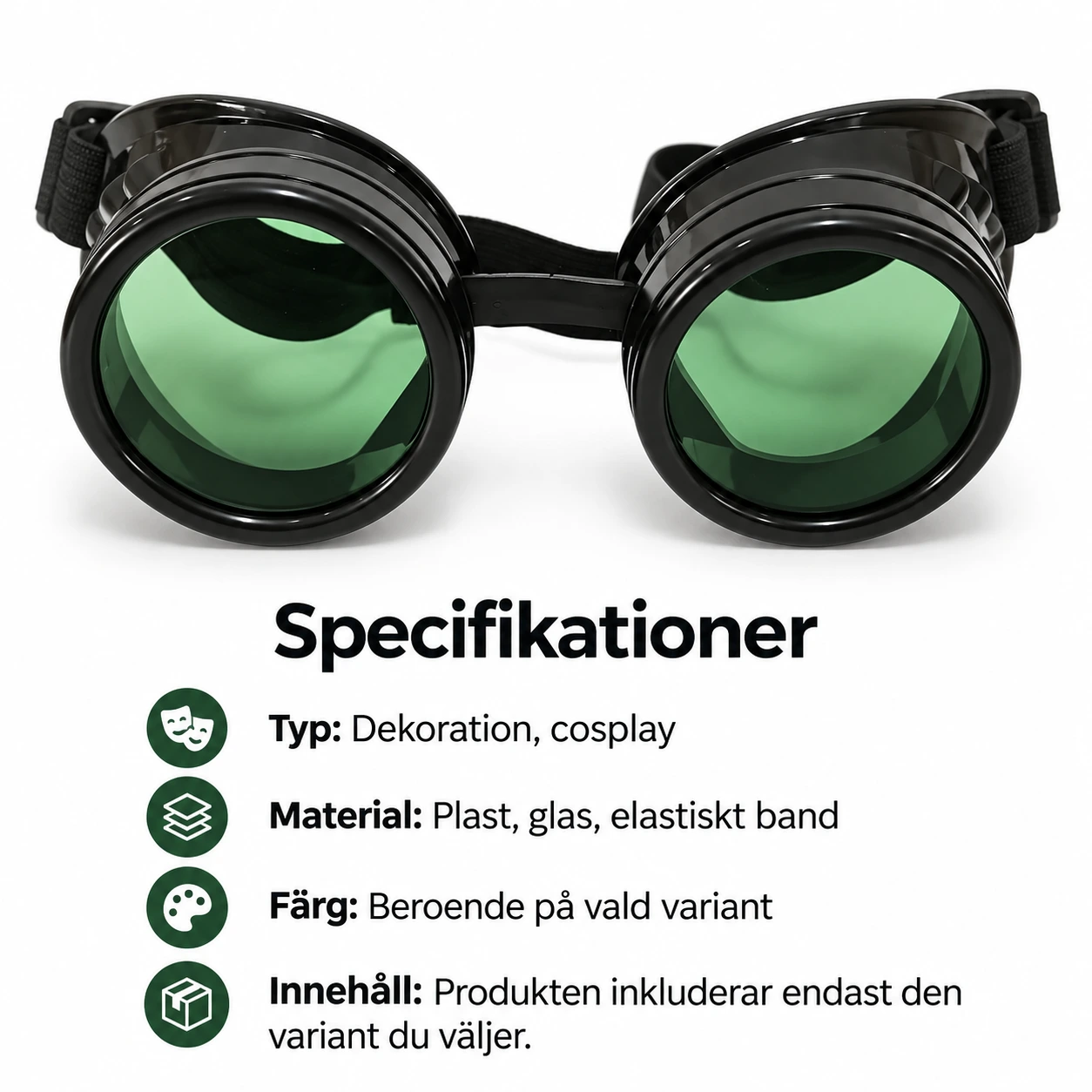 Svarta Steampunk Skyddsglasögon med Gröna Linser