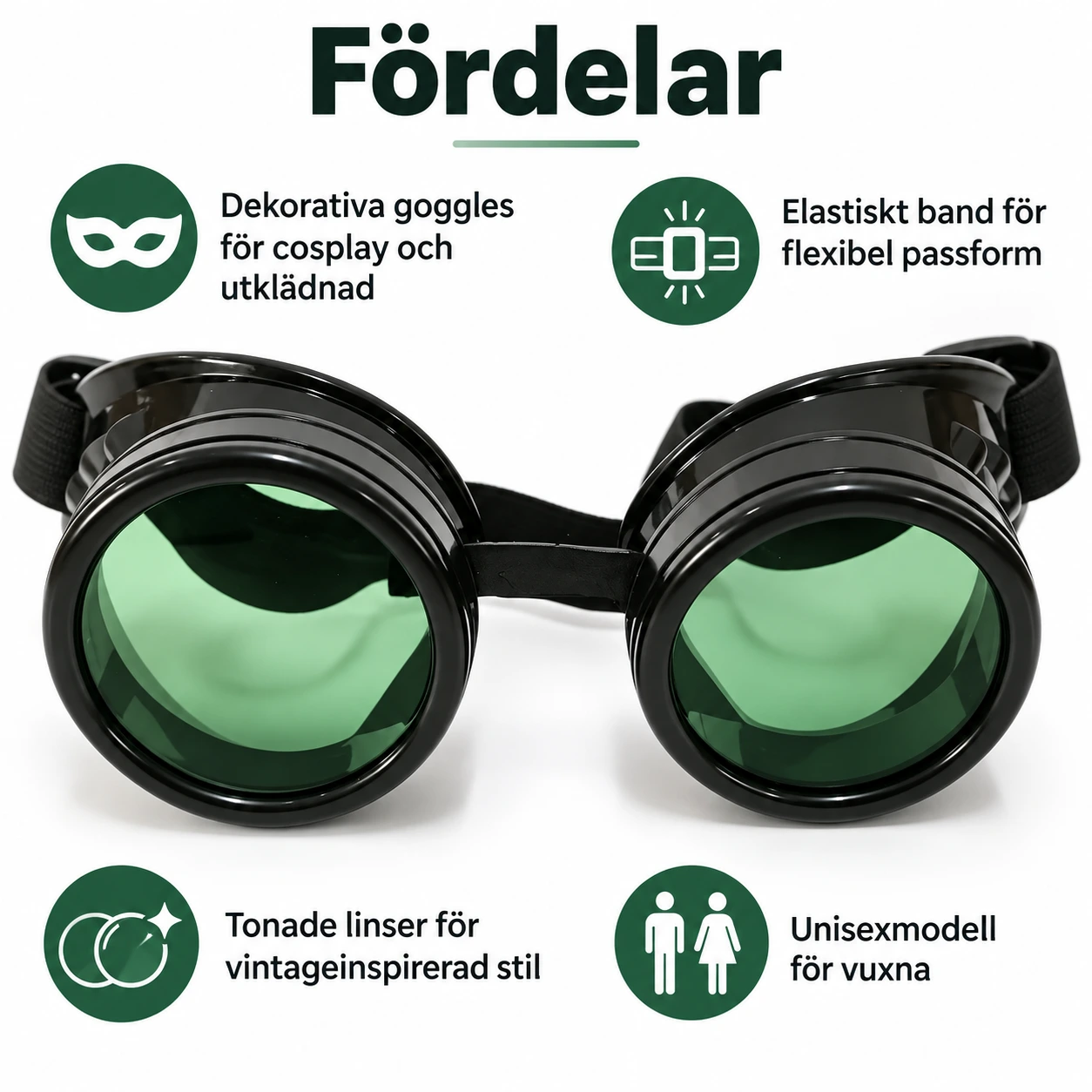 Svarta Steampunk Skyddsglasögon med Gröna Linser