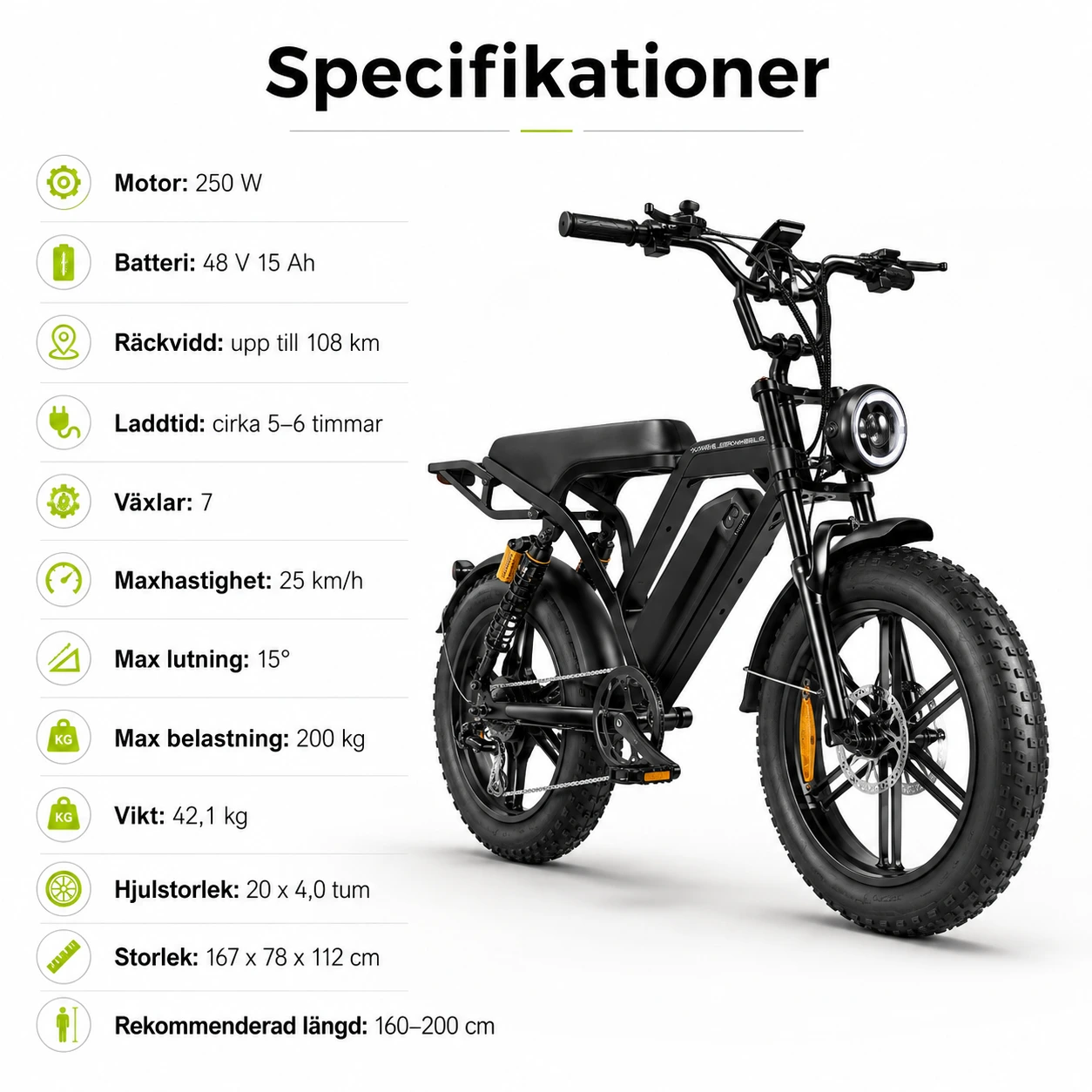 Elcykel med feta däck för pendling och terräng, 250 W