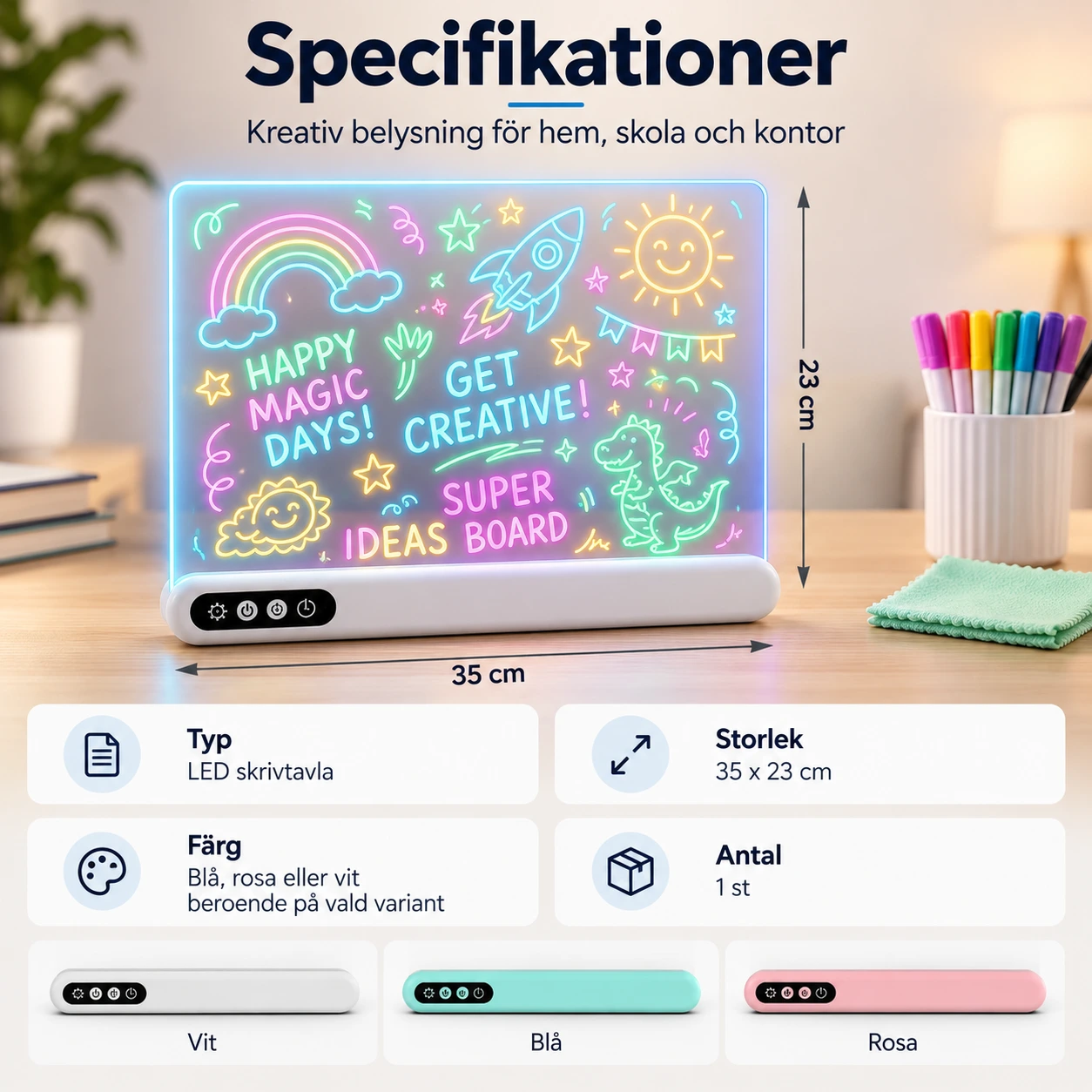 LED-kirjoitustaulu valaistuksella ja ajastimella
