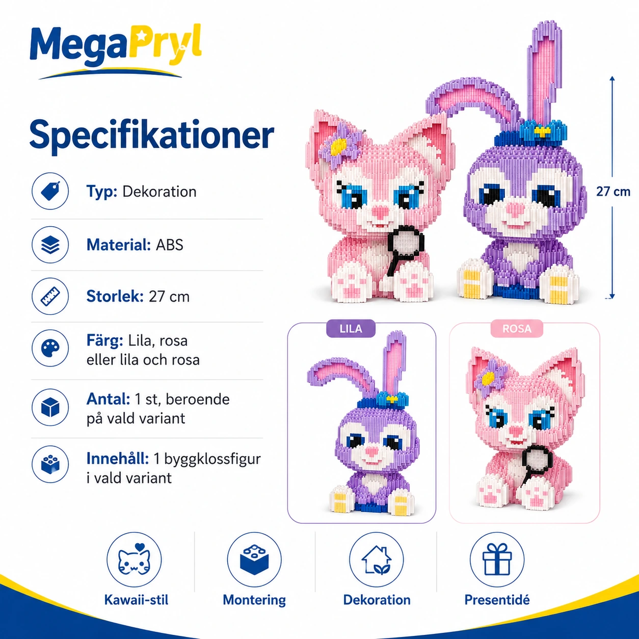 Byggklossfigur Kawaii 27 cm för Dekoration och Montering