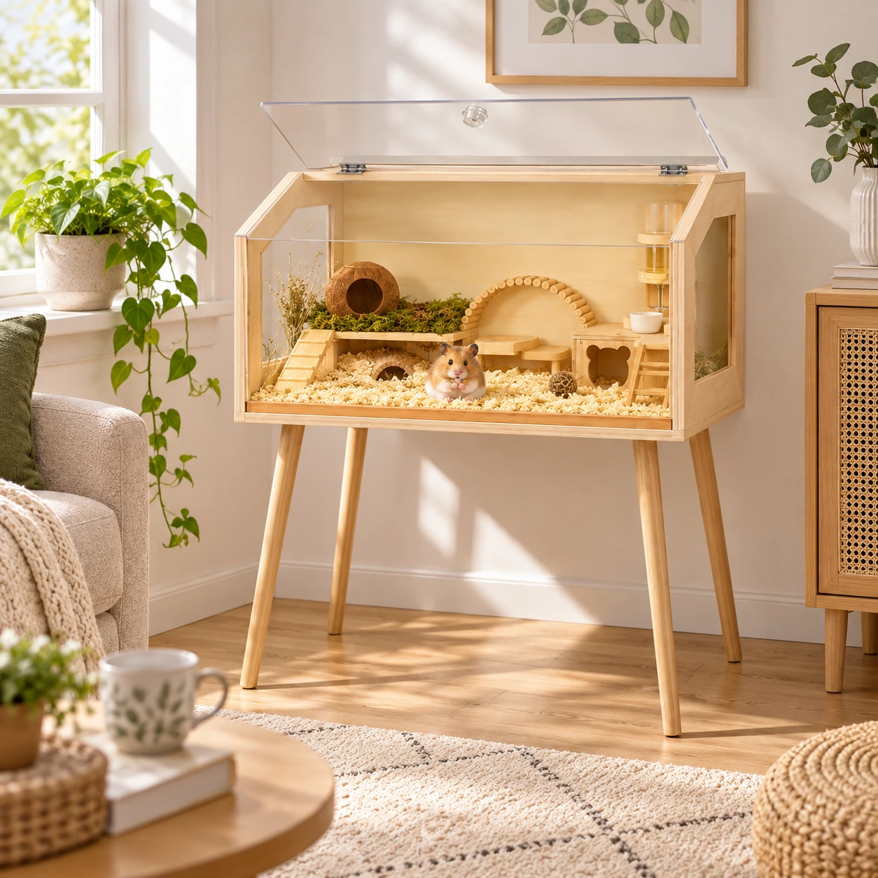 Hamsterbur på ben med akrylfönster och öppningsbart lock
