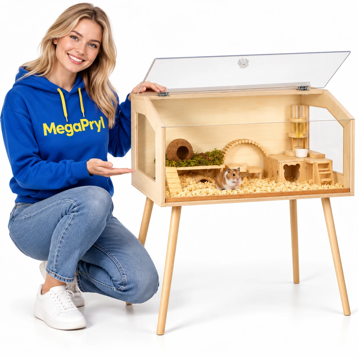 Hamsterbur på ben med akrylfönster och öppningsbart lock