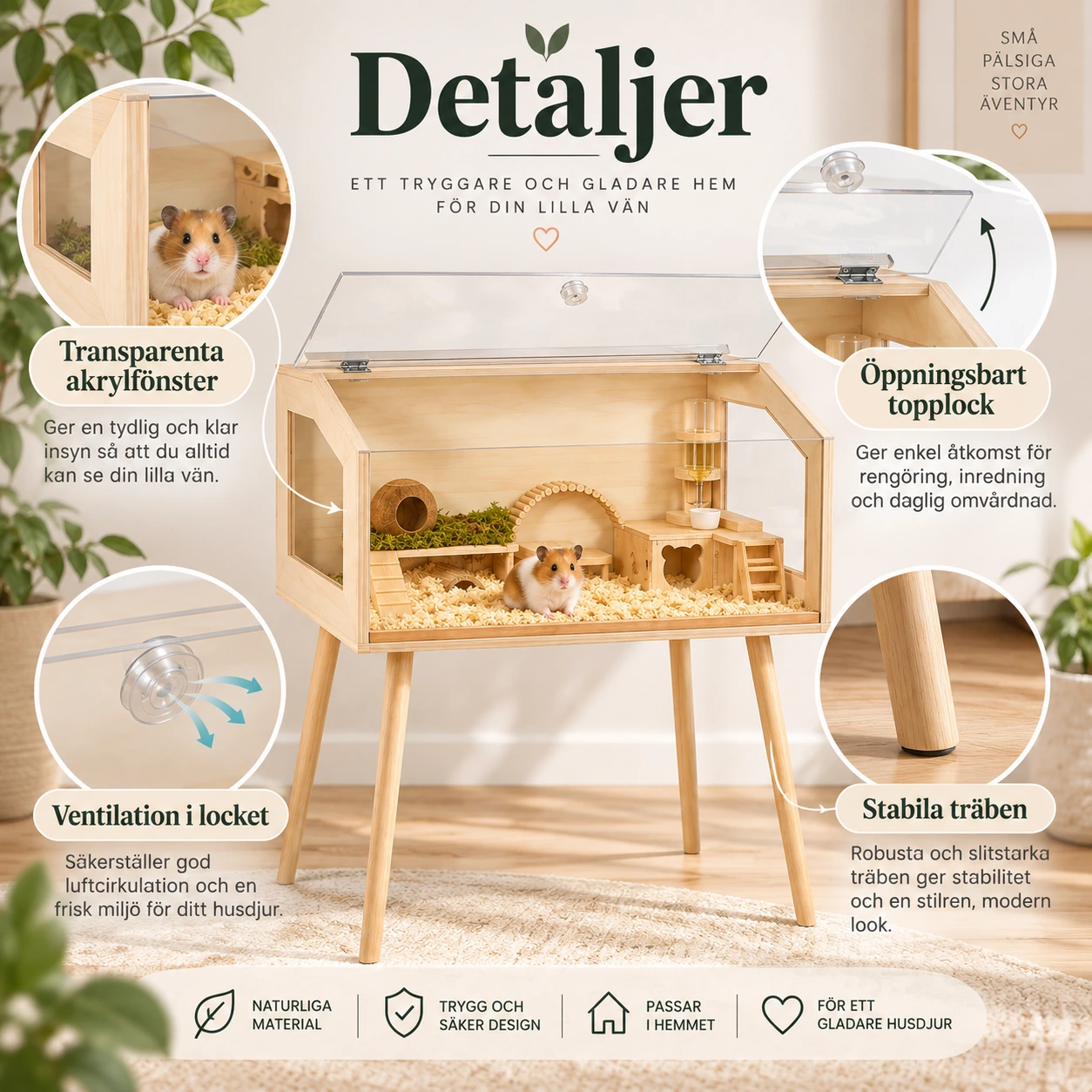 Hamsterbur på ben med akrylfönster och öppningsbart lock
