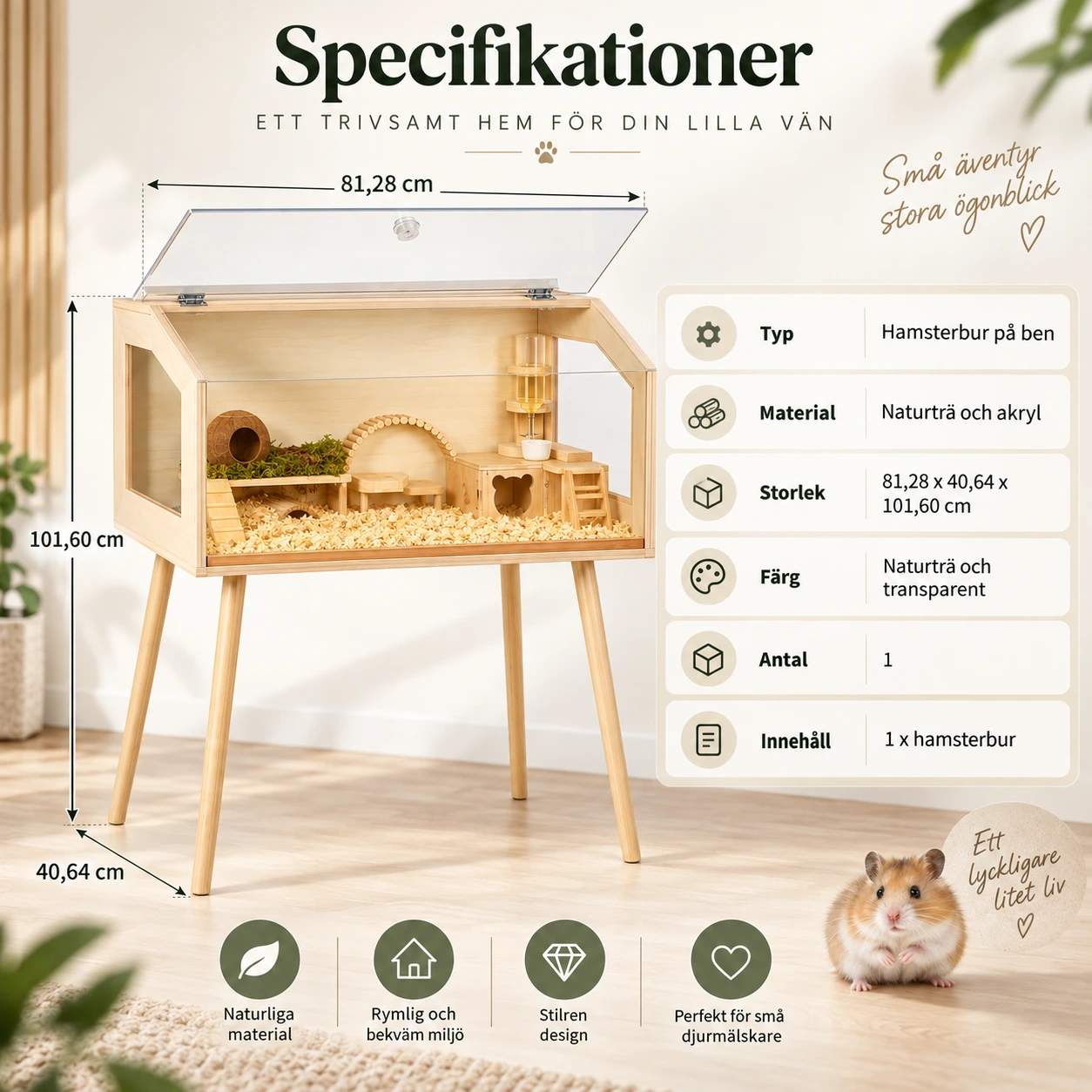Hamsterbur på ben med akrylfönster och öppningsbart lock
