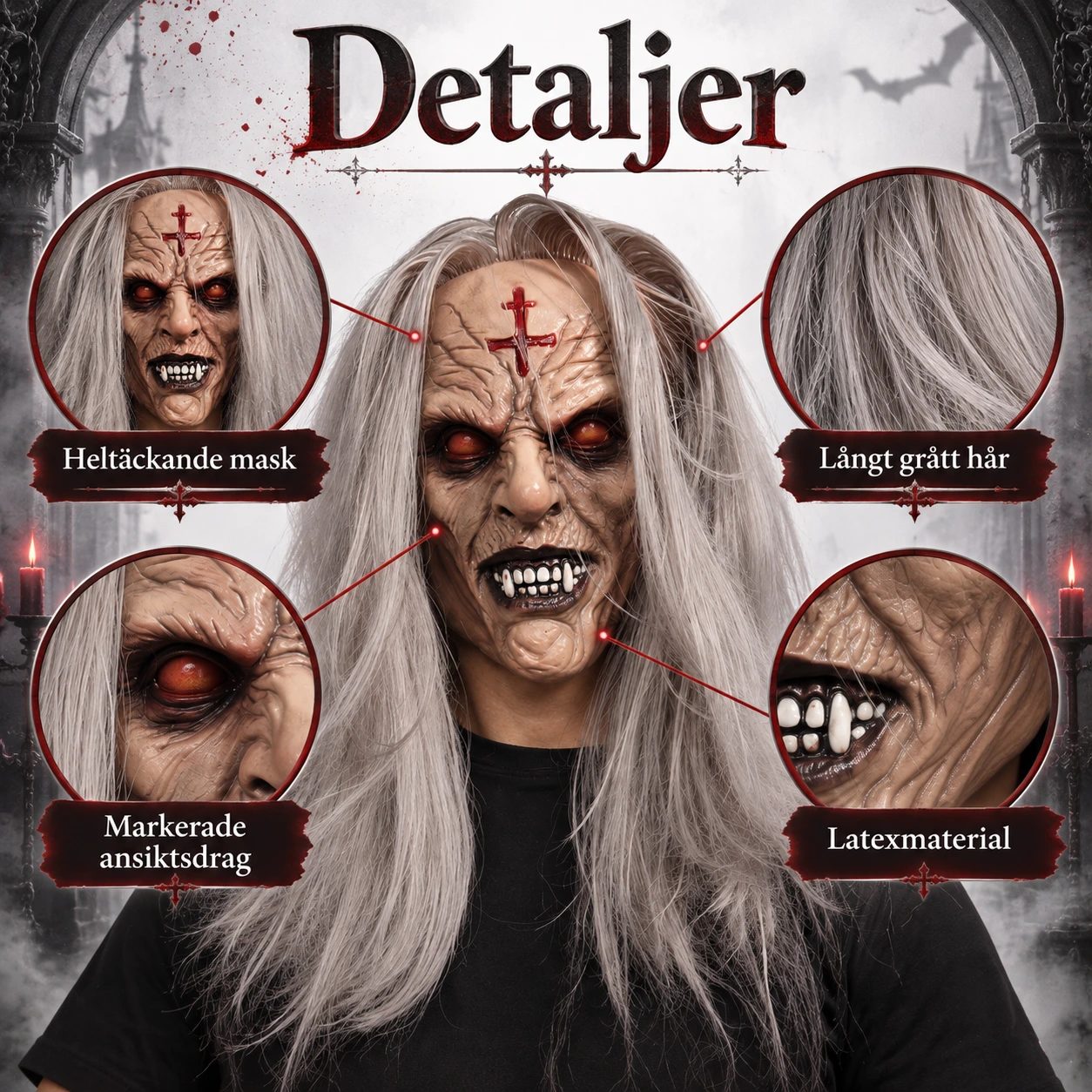 Mask vampyr vuxen i latex med grått hår