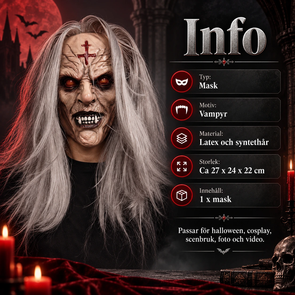 Mask vampyr vuxen i latex med grått hår