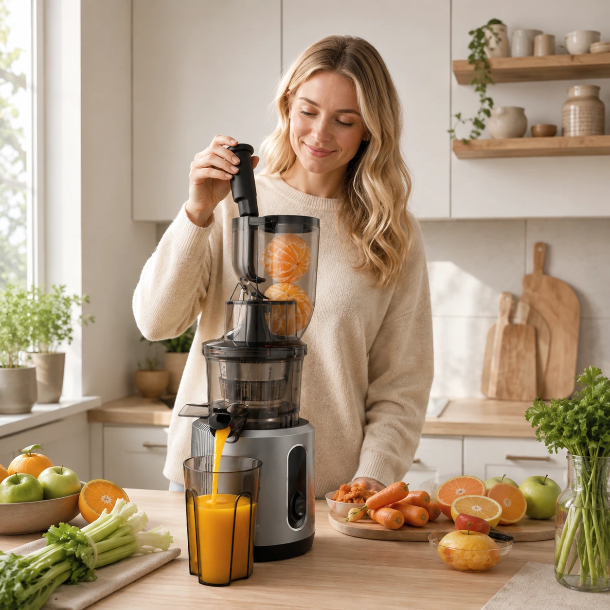 Slow juicer leveällä syöttöaukolla ja 200 W moottorilla