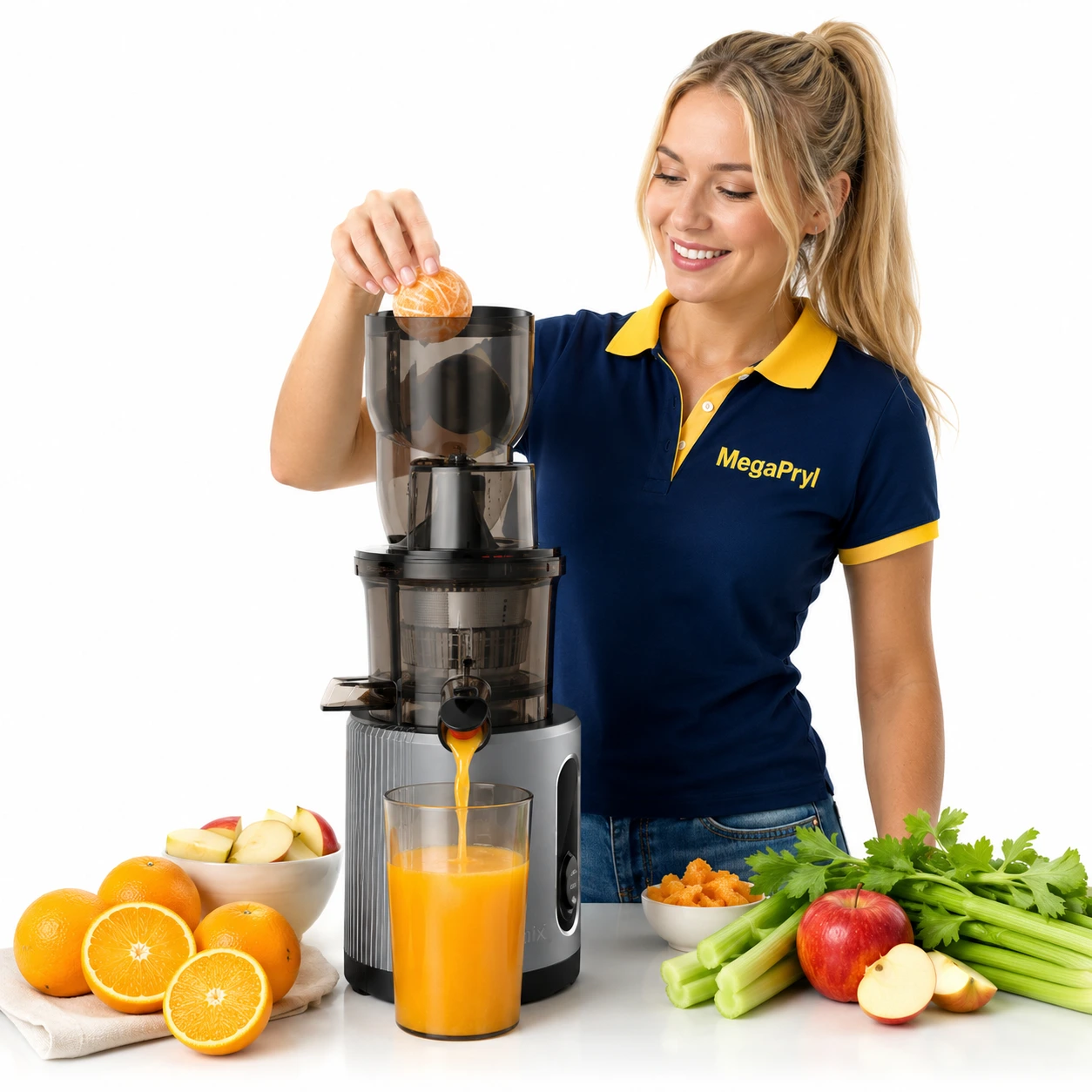 Slow juicer leveällä syöttöaukolla ja 200 W moottorilla