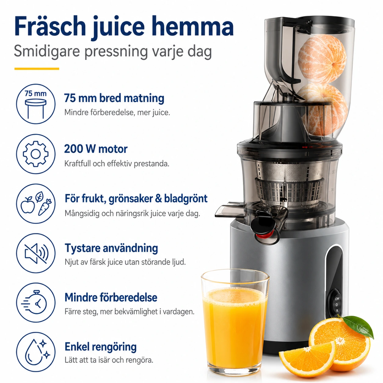 Slow juicer leveällä syöttöaukolla ja 200 W moottorilla