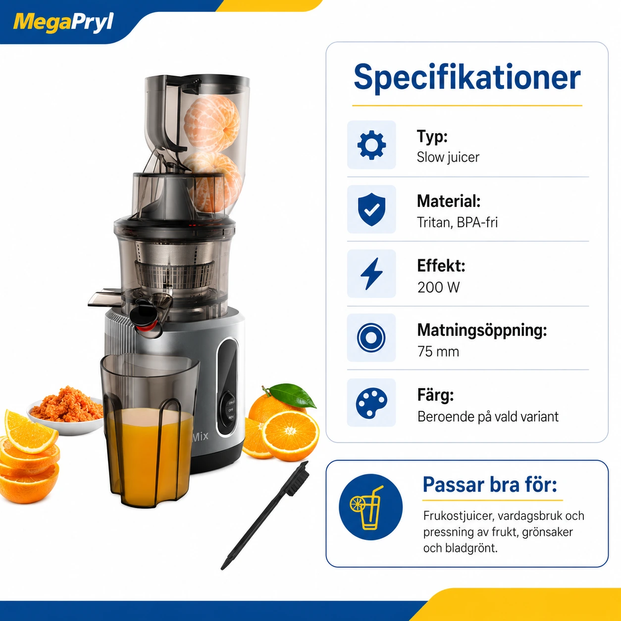 Slow juicer med bred matning och 200 W motor