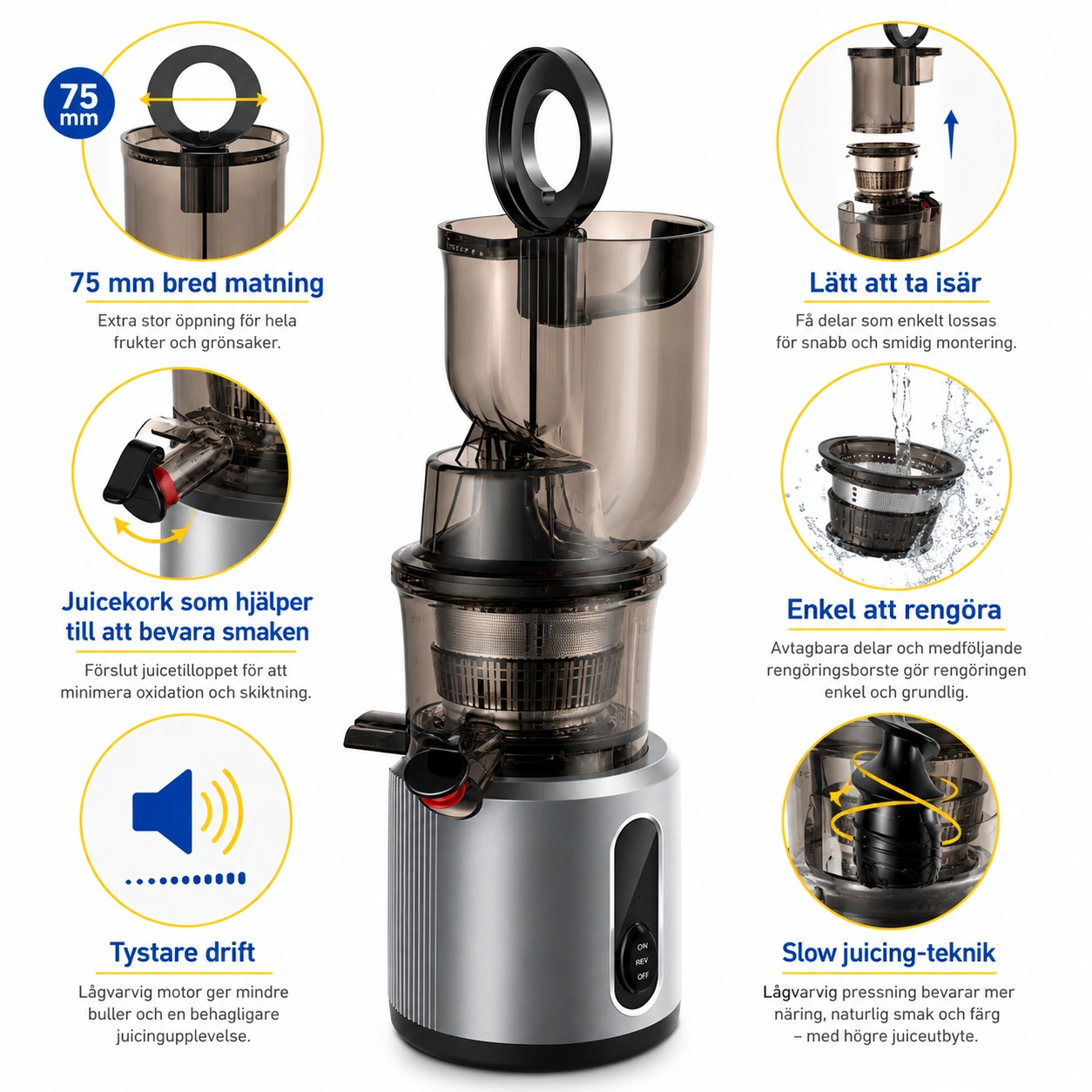 Slow juicer med bred matning och 200 W motor