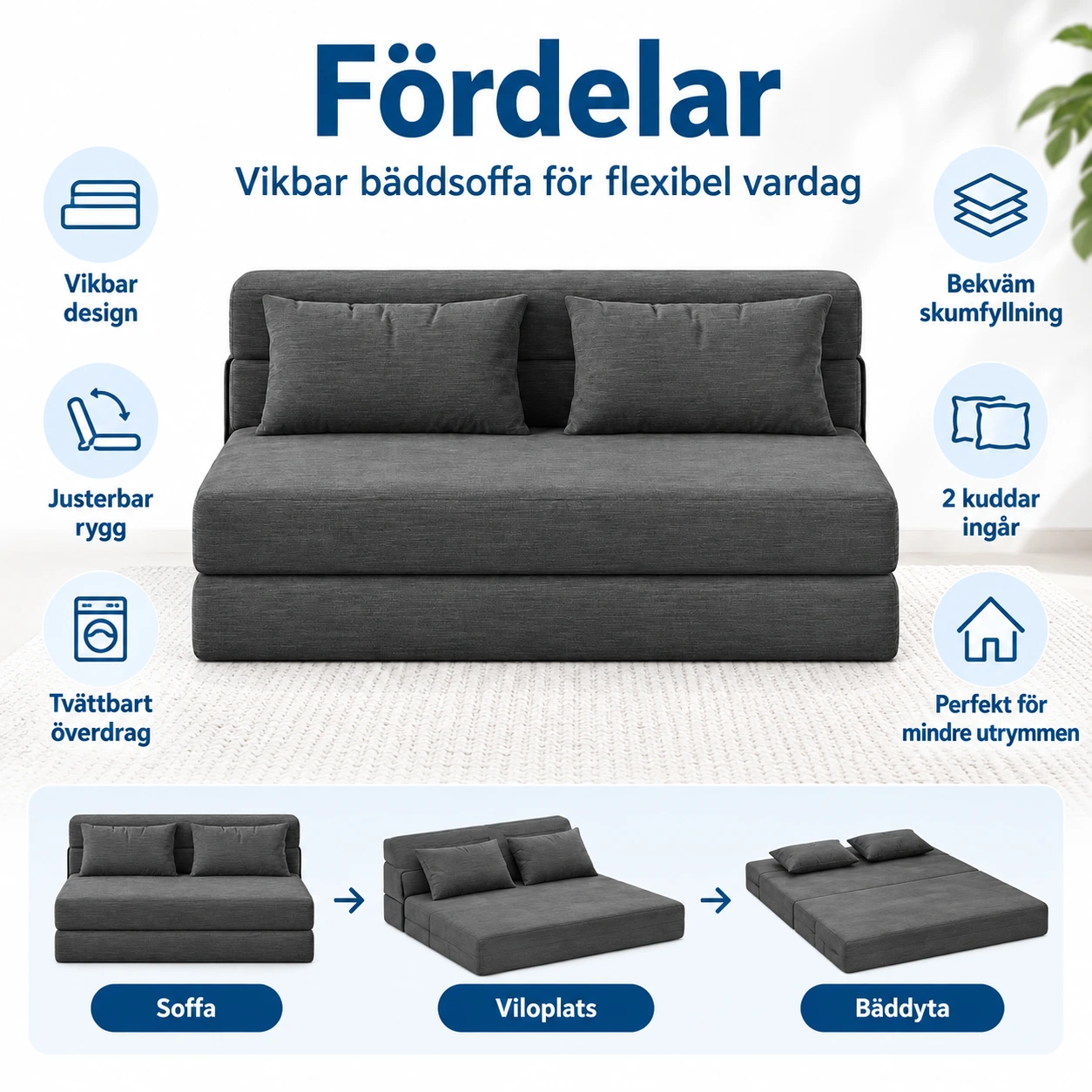 Vikbar bäddsoffa med tvättbart överdrag