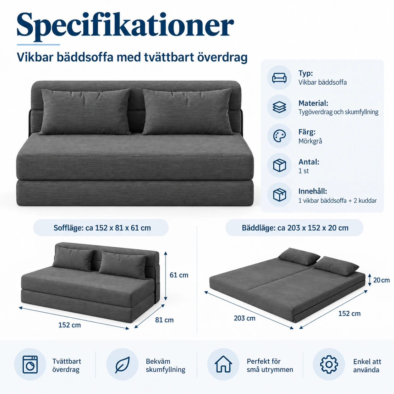 Vikbar bäddsoffa med tvättbart överdrag