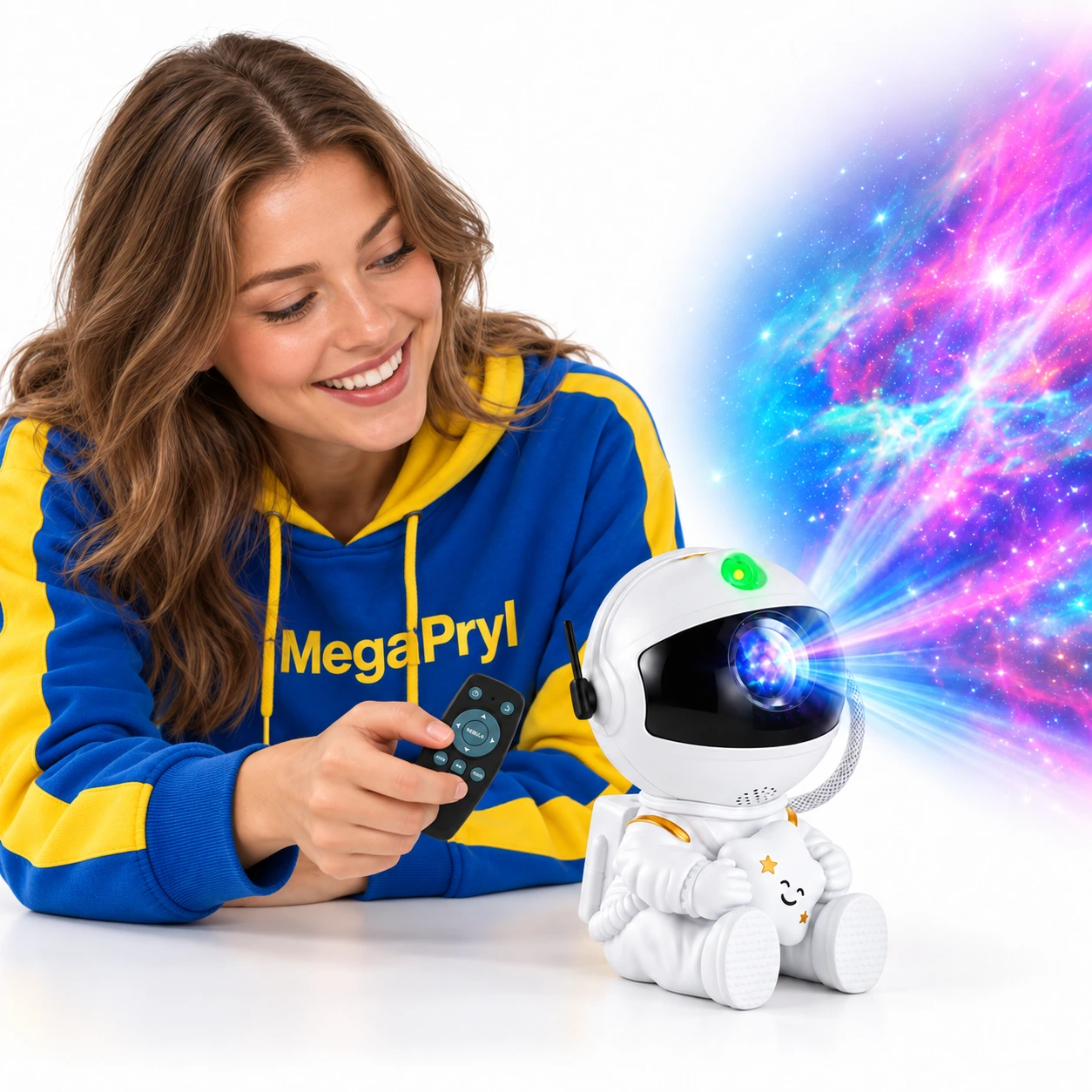 Astronautti-galaksiprojektori yövalolla ja kaukosäätimellä