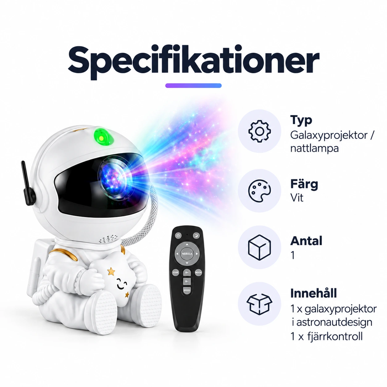 Astronautti-galaksiprojektori yövalolla ja kaukosäätimellä