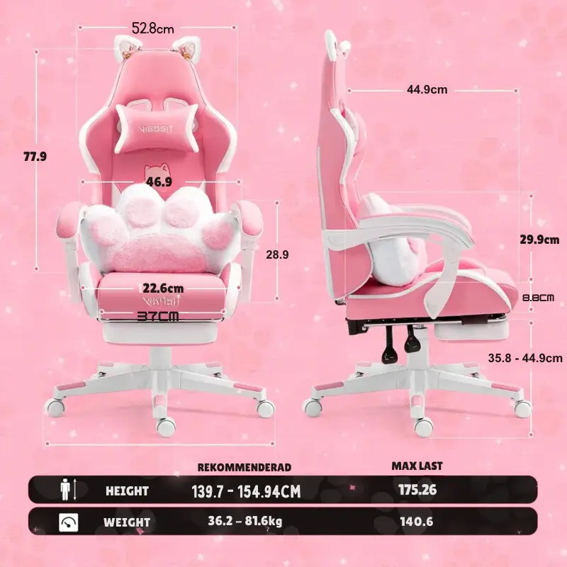 Gamingstol Rosa med Kattöron och Kattass Ländkudde 5
