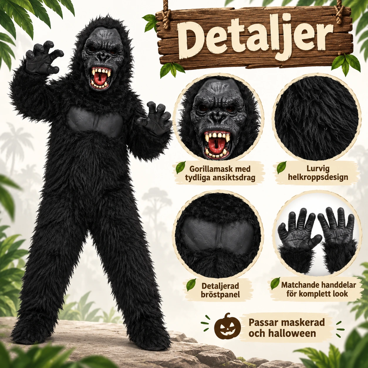 Gorilladräkt för barn till maskerad och halloween