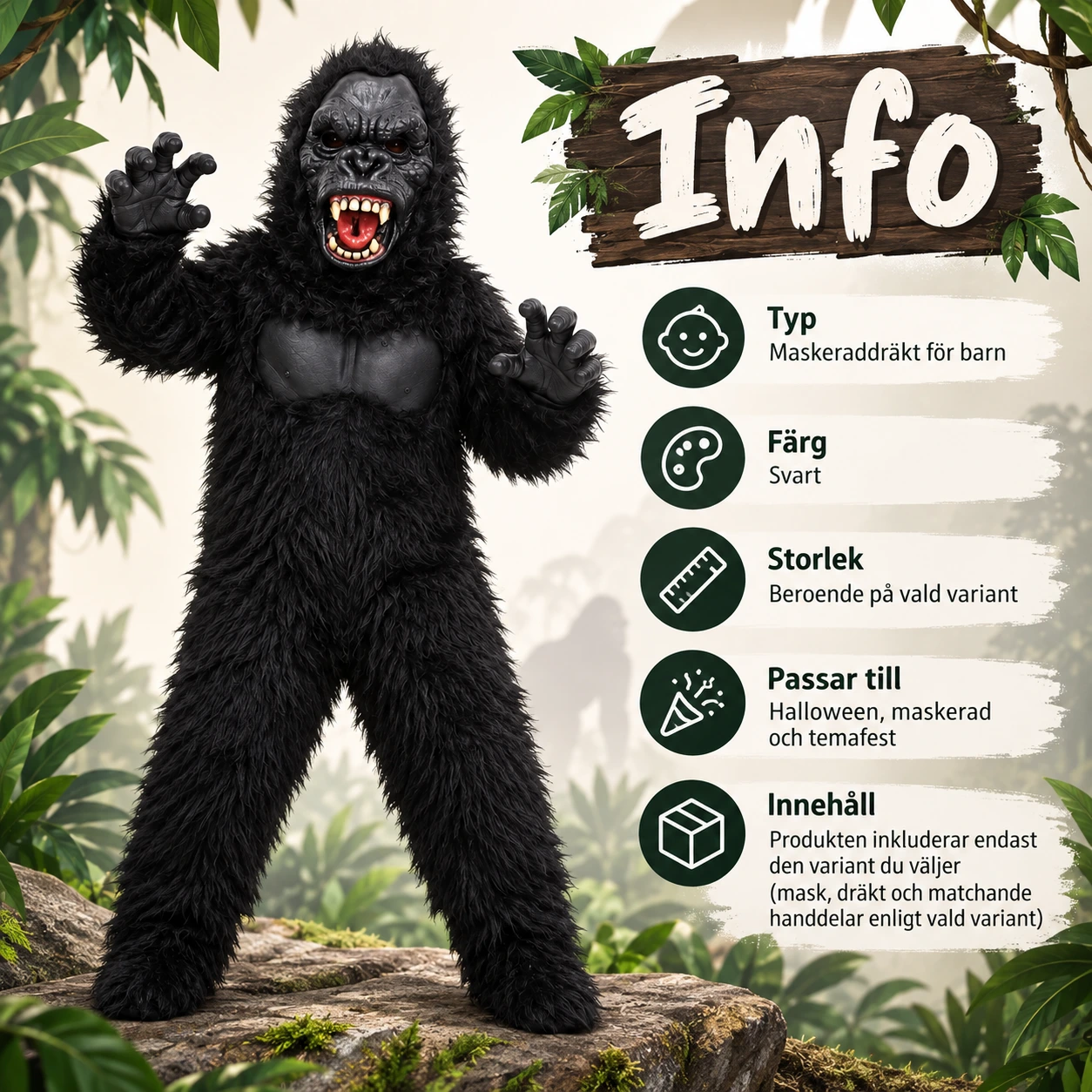 Gorilladräkt för barn till maskerad och halloween