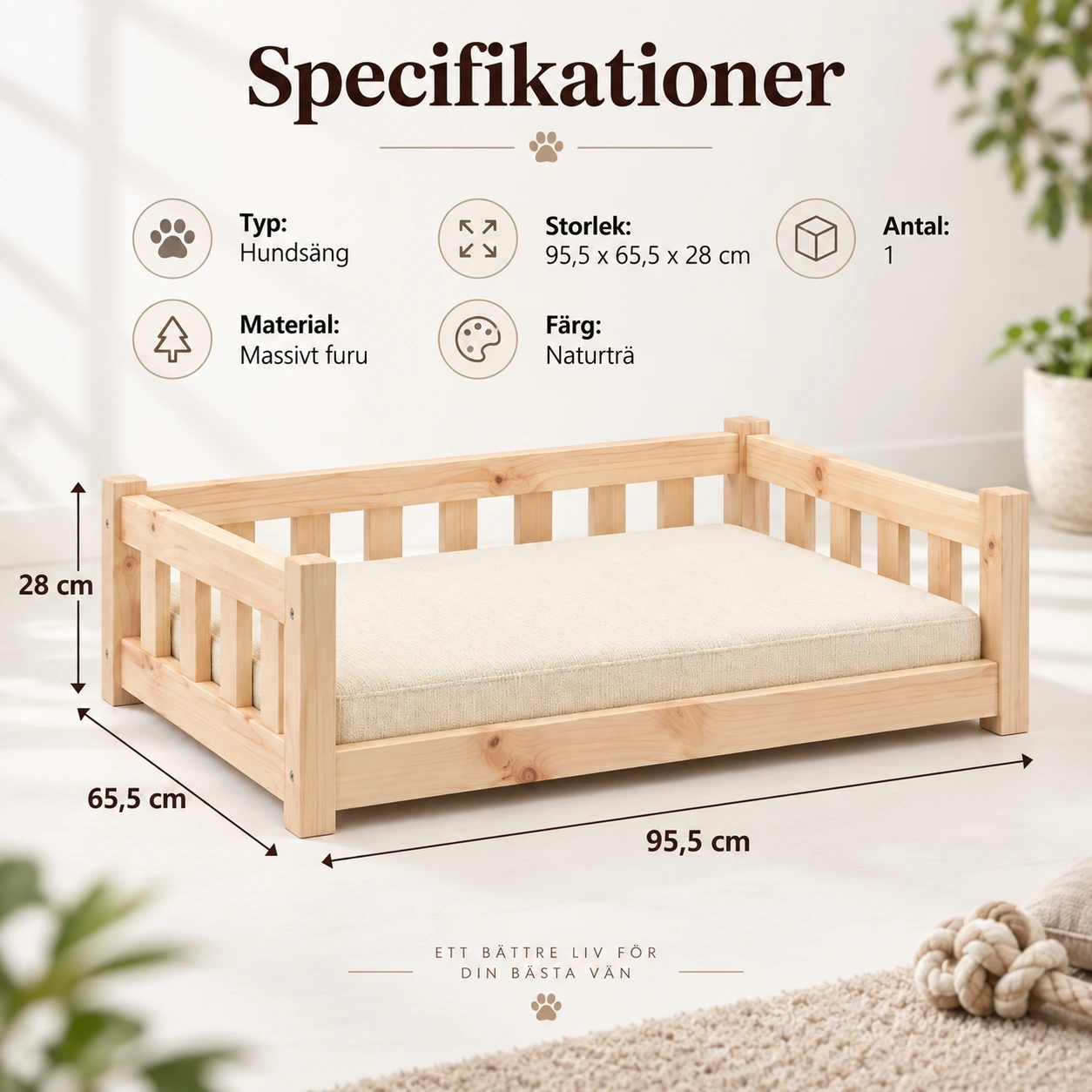 Hundsäng i trä med sidopaneler