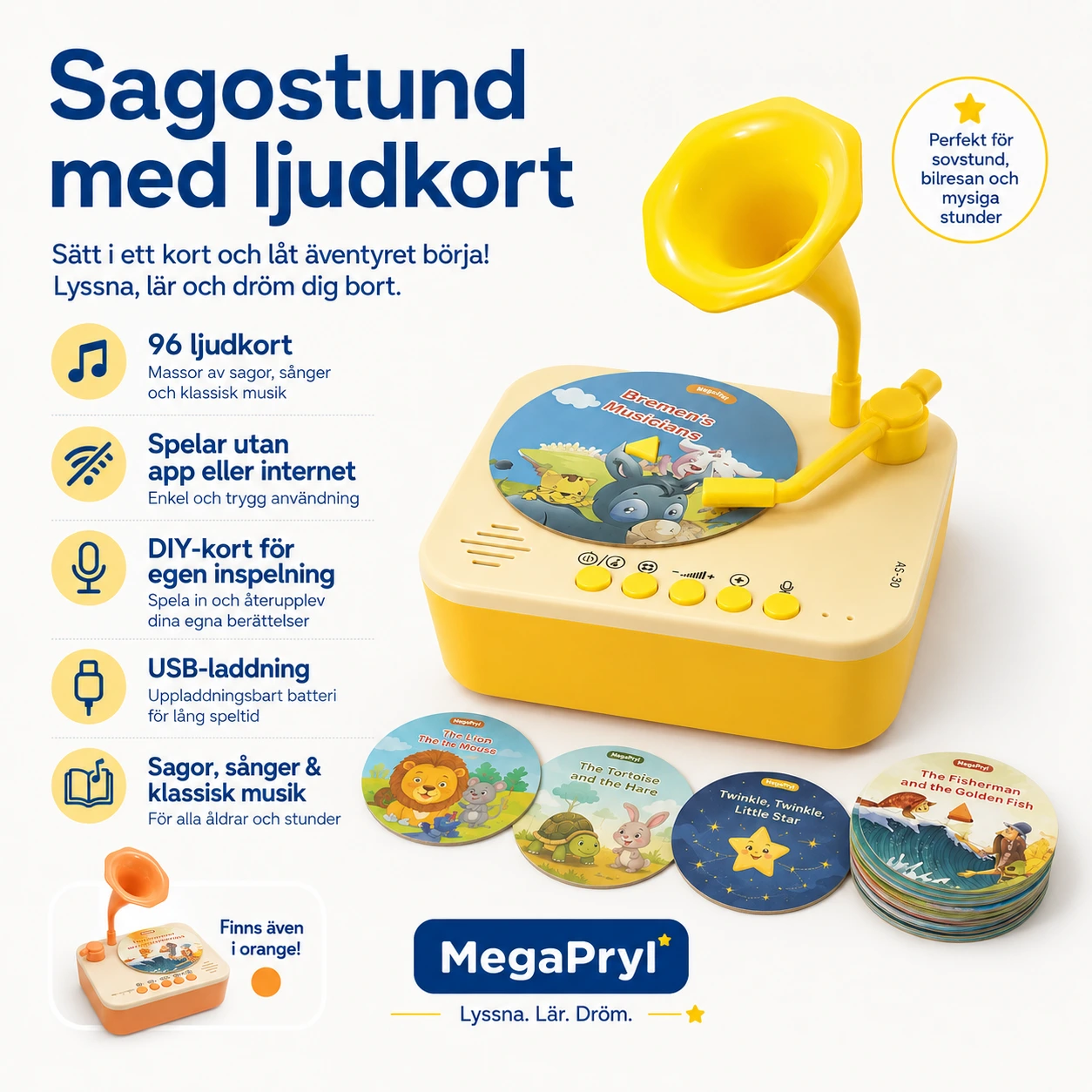 Sagogrammofon för Barn med 96 Ljudkort och Inspelningskort