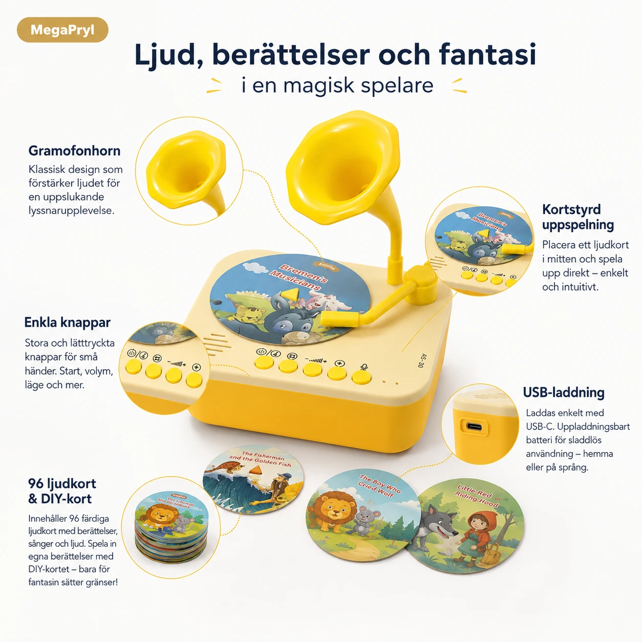 Sagogrammofon för Barn med 96 Ljudkort och Inspelningskort