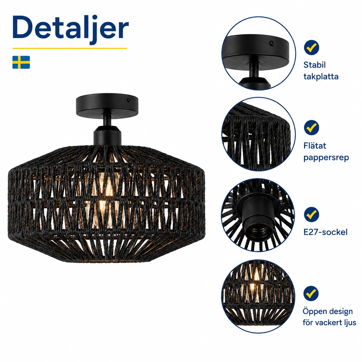 Taklampa i flätad pappersrep med E27-sockel