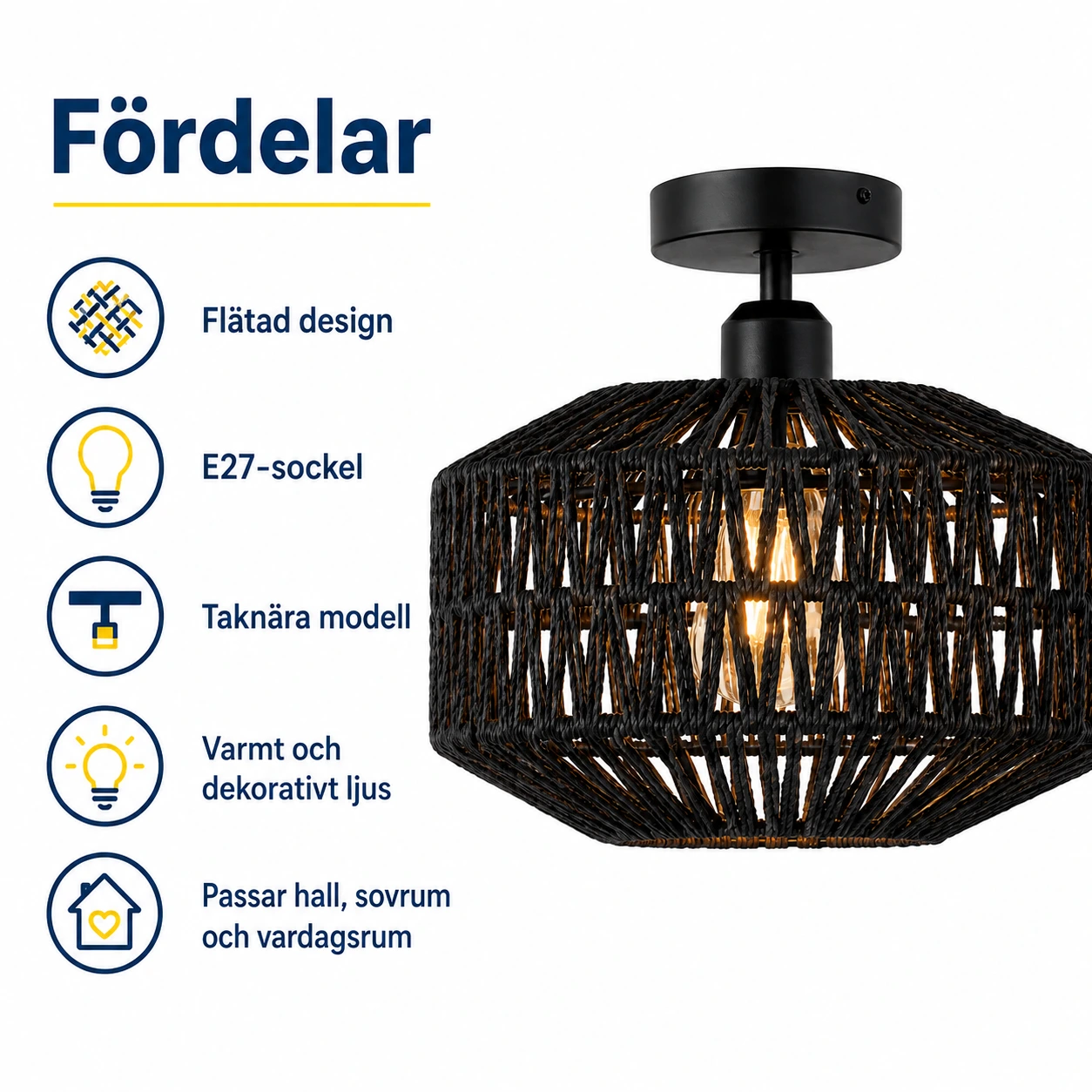 Taklampa i flätad pappersrep med E27-sockel