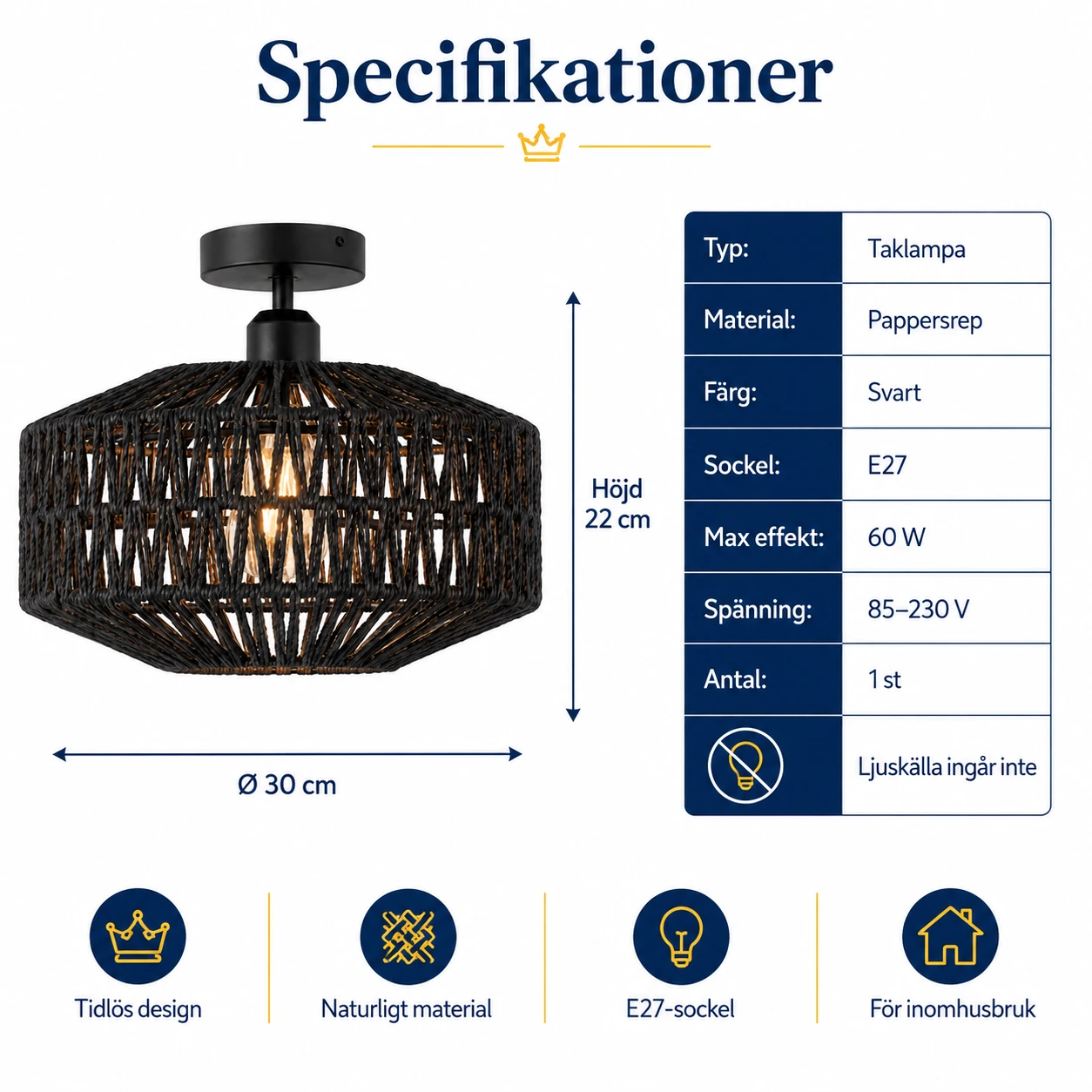Taklampa i flätad pappersrep med E27-sockel