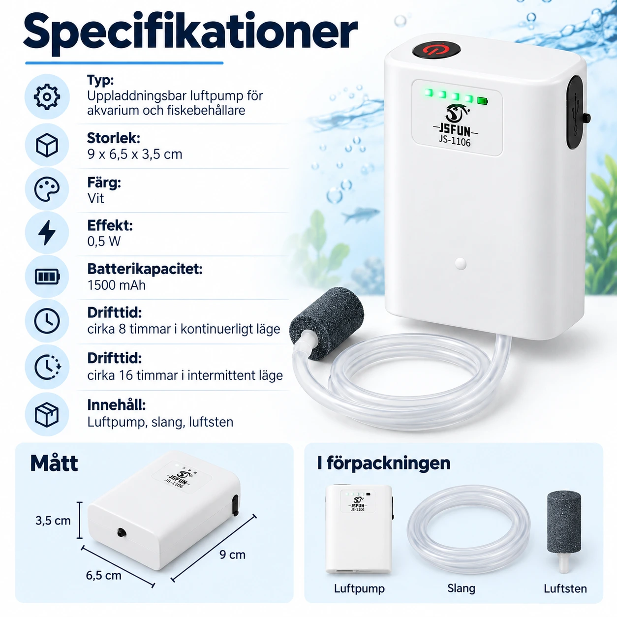 Luftpump för fiskebehållare med uppladdningsbart batteri