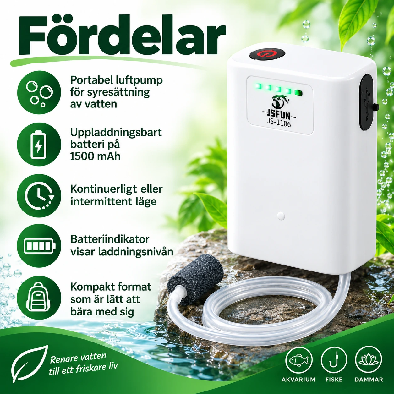 Luftpump för fiskebehållare med uppladdningsbart batteri