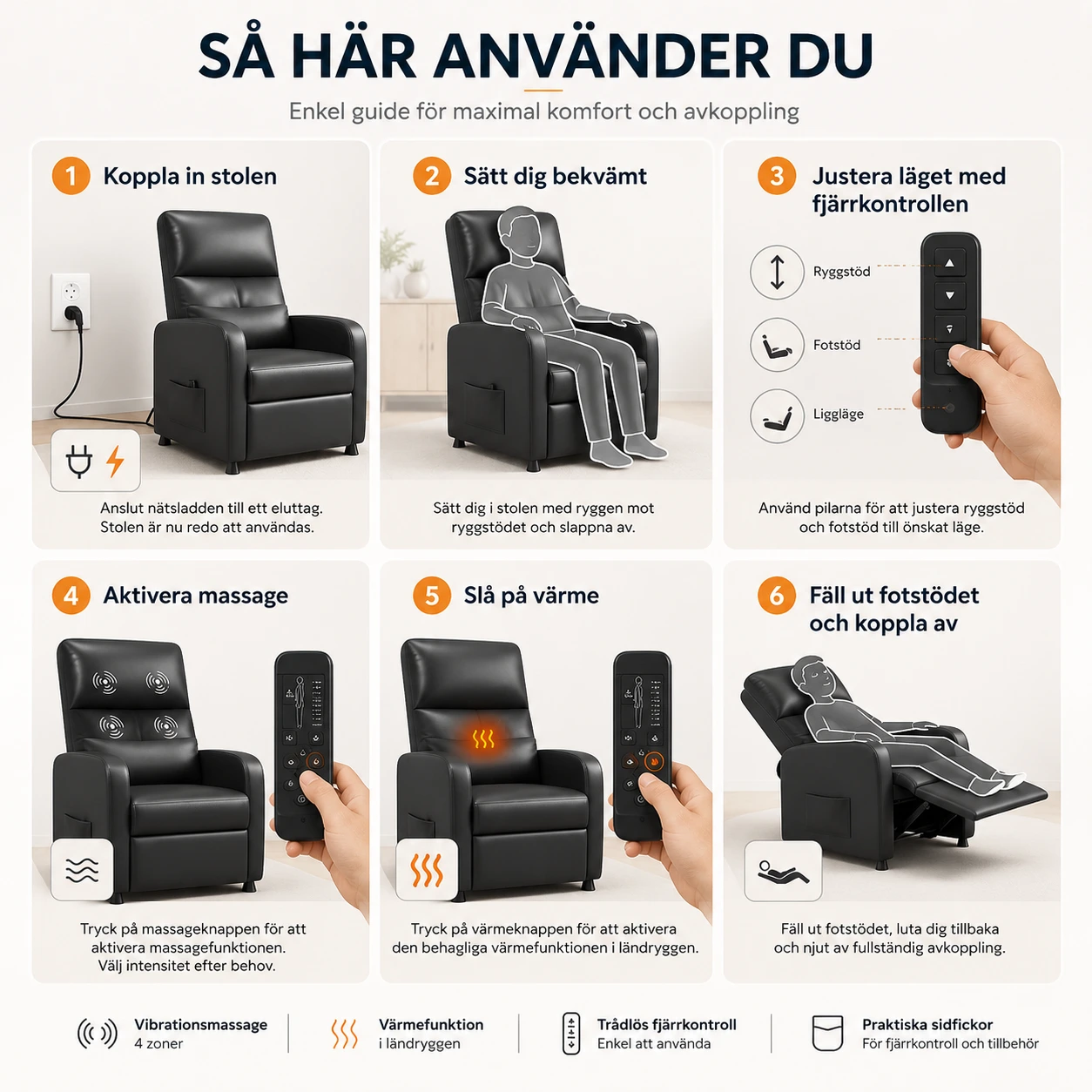 Massagefåtölj Elrecliner Svart med Värme och Fotstöd