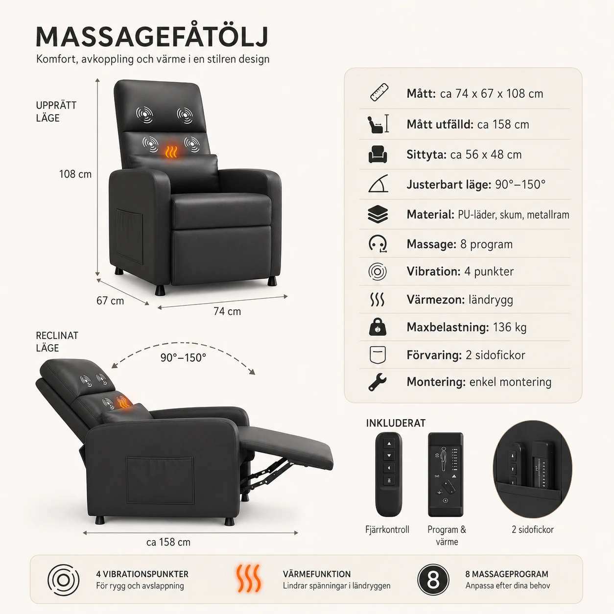 Massagefåtölj Elrecliner Svart med Värme och Fotstöd