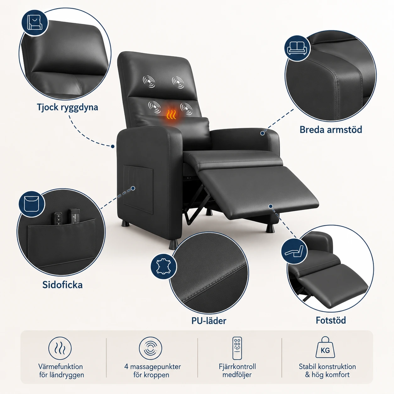 Massagefåtölj Elrecliner Svart med Värme och Fotstöd