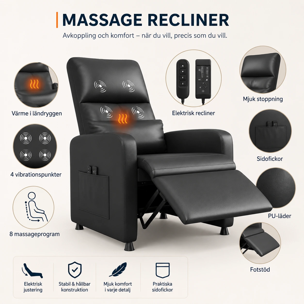 Massagefåtölj Elrecliner Svart med Värme och Fotstöd