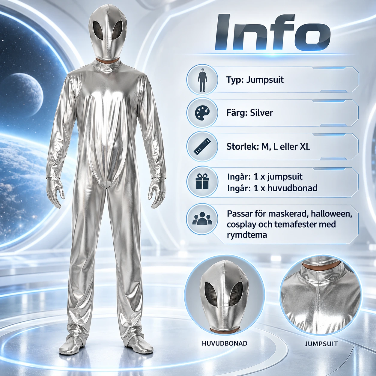 Silver Metallic Alien Bodysuit med Mjuk Huvudbonad