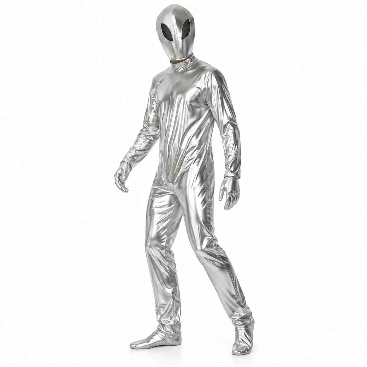 Silver Metallic Alien Bodysuit med Mjuk Huvudbonad
