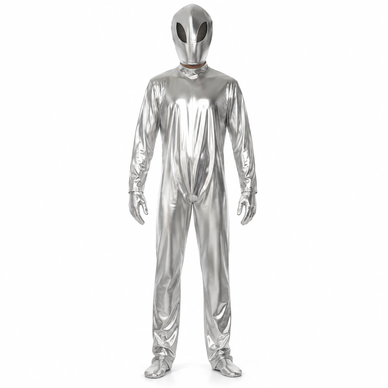 Silver Metallic Alien Bodysuit med Mjuk Huvudbonad