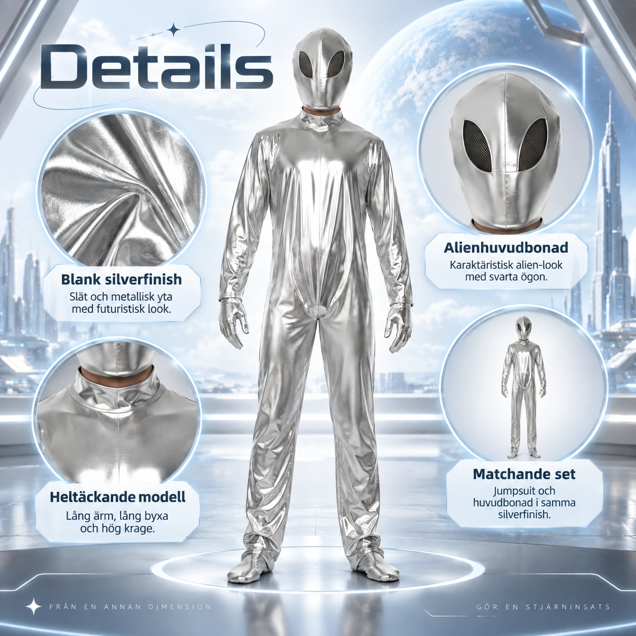 Silver Metallic Alien Bodysuit med Mjuk Huvudbonad