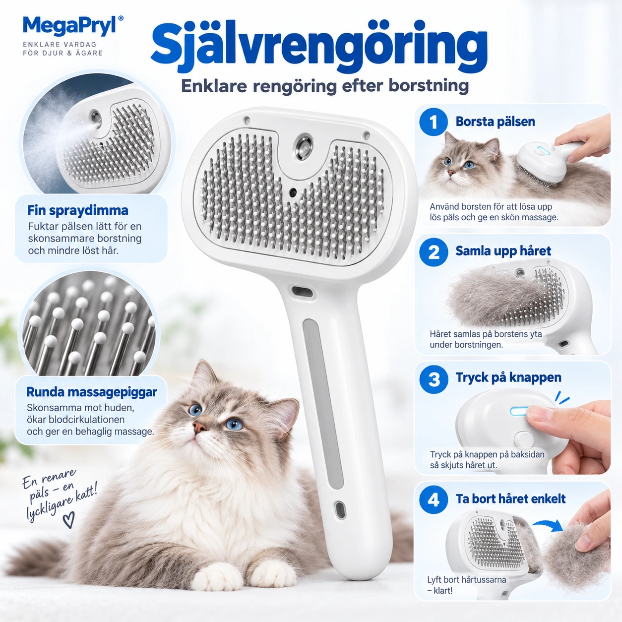 Ångborste för husdjur med självrengöring