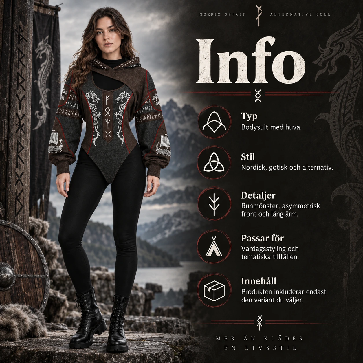 Viking Runmönstrad Hooded Bodysuit med Asymmetrisk Utskärning
