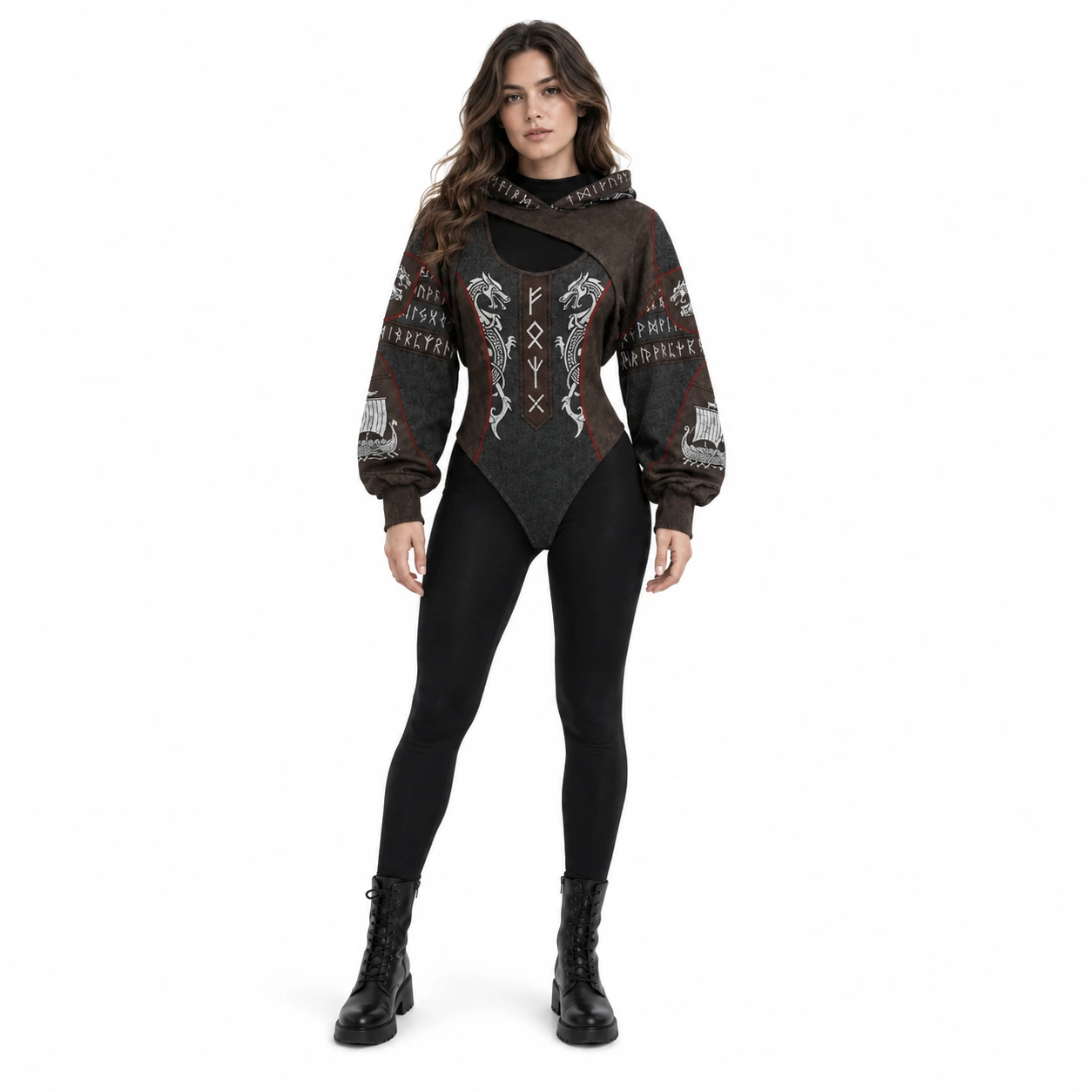 Viking Runmönstrad Hooded Bodysuit med Asymmetrisk Utskärning