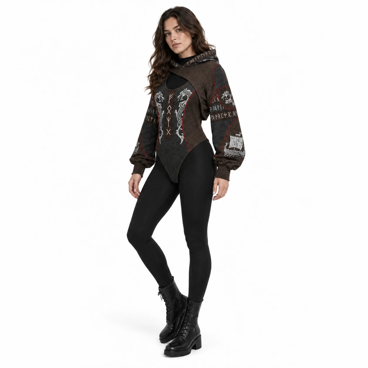 Viking Runmönstrad Hooded Bodysuit med Asymmetrisk Utskärning