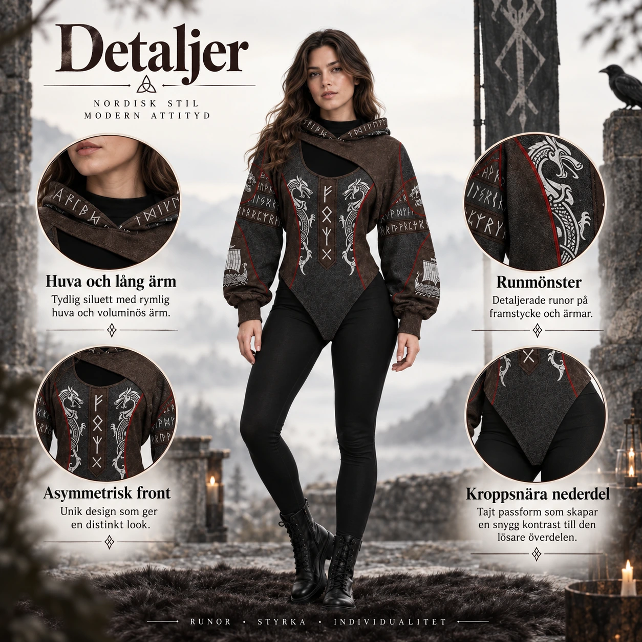 Viking Runmönstrad Hooded Bodysuit med Asymmetrisk Utskärning