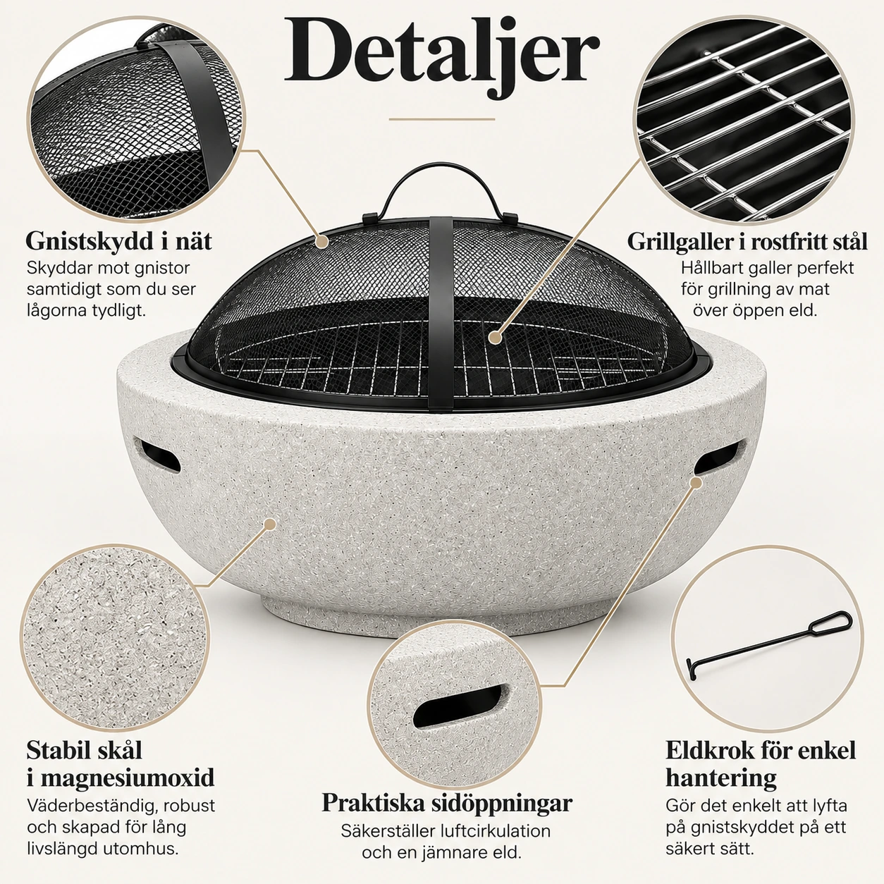 Eldstad med grillgaller för uteplats i magnesiumoxid och järn