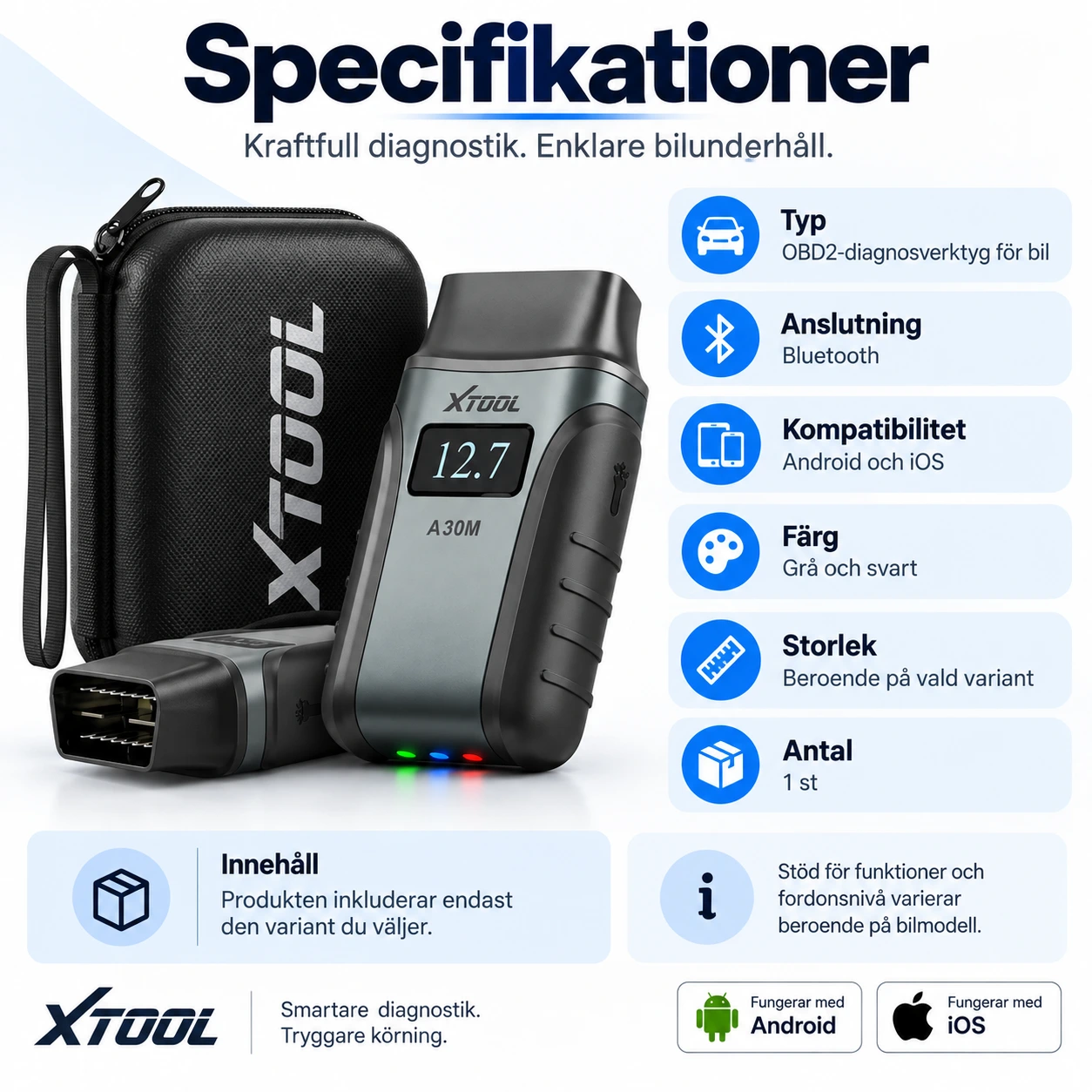 OBD2-diagnosverktyg för bil med Bluetooth och app