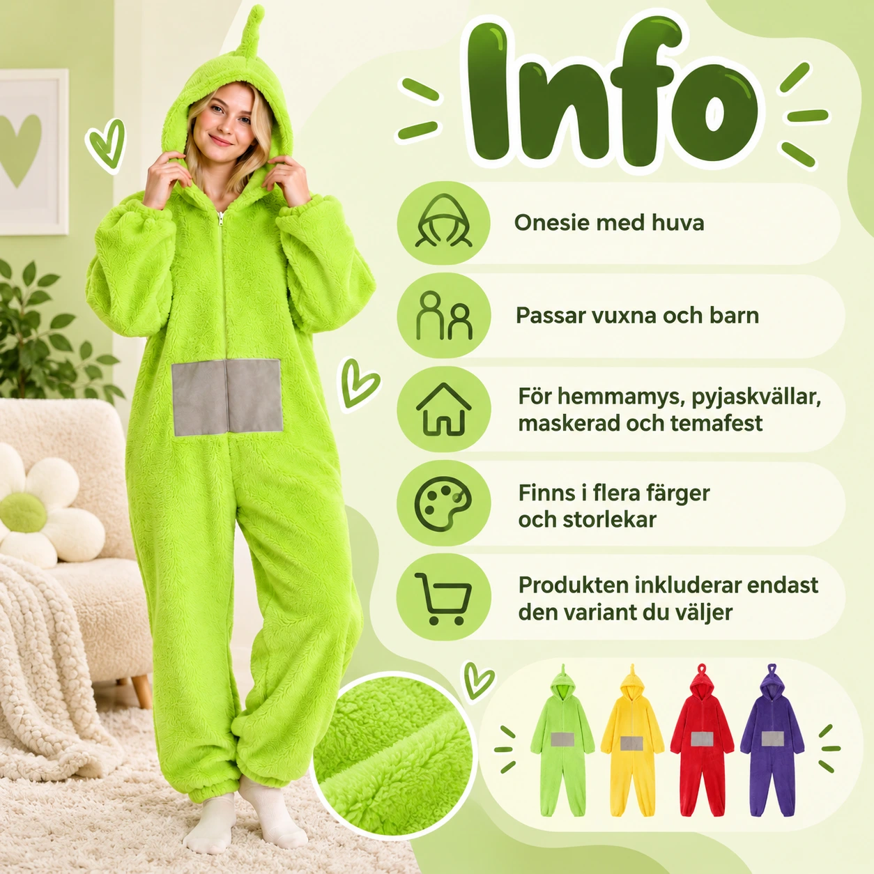 Onesie med huva för vuxna och barn