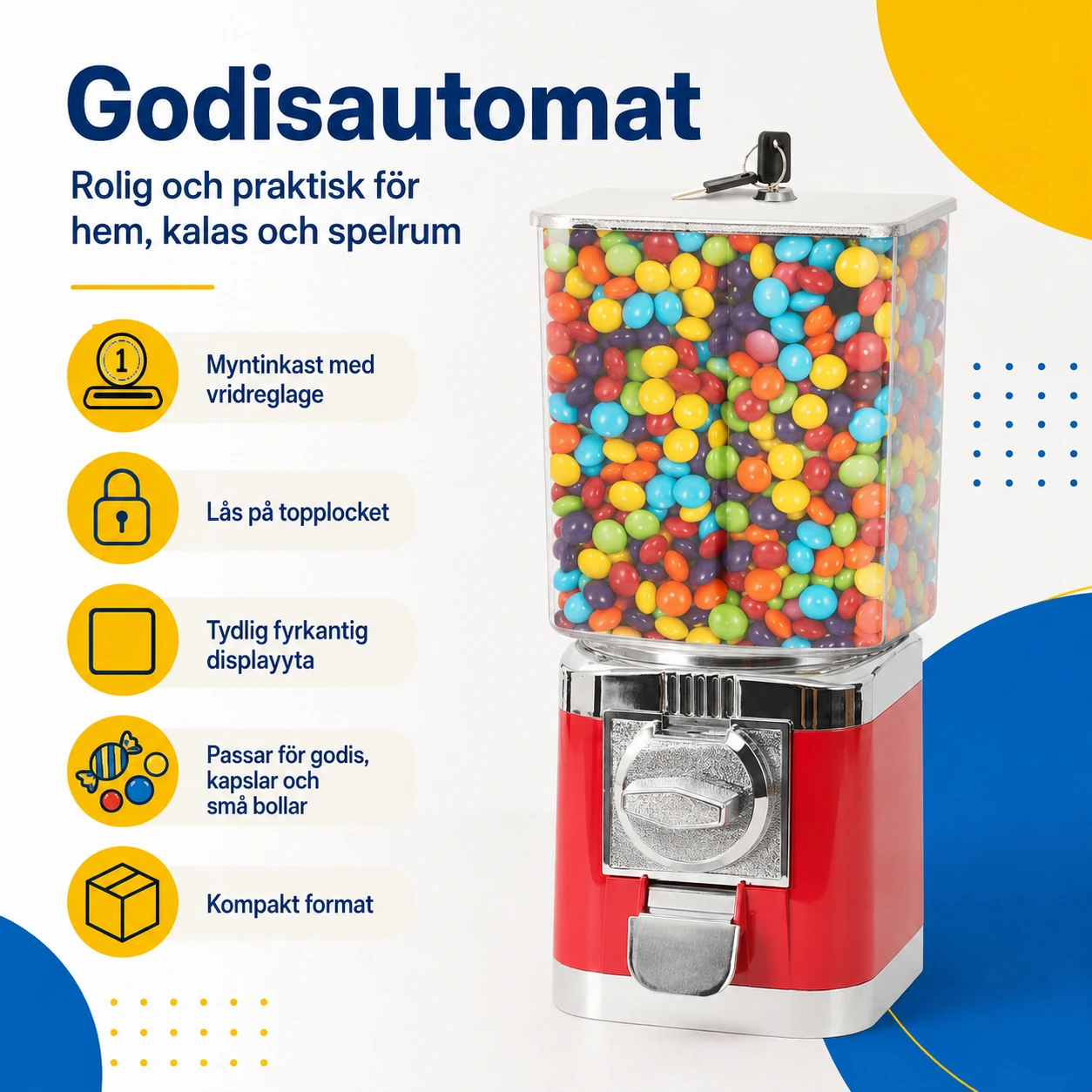 Godisautomat med myntinkast och lås, 17 x 17 x 41 cm